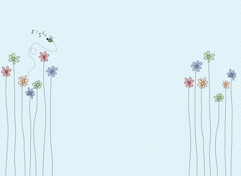 cartoon bee above tall Flowers, blue background