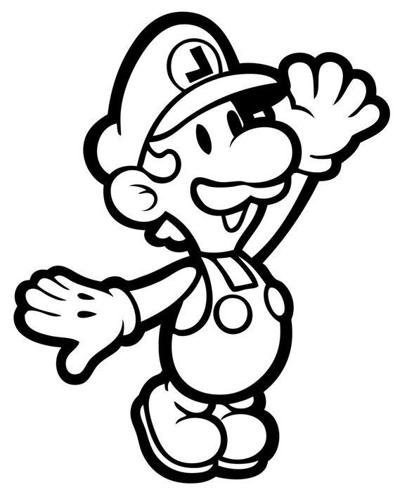 Super Mario with hands up in a coloring book