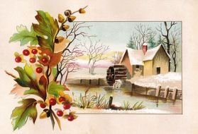 Winter in countryside, Vintage drawing