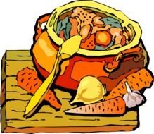 Stew Beef with vegetables in pot, vintage drawing