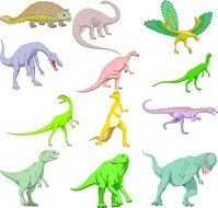 collage of multi-colored dinosaurs on a white background