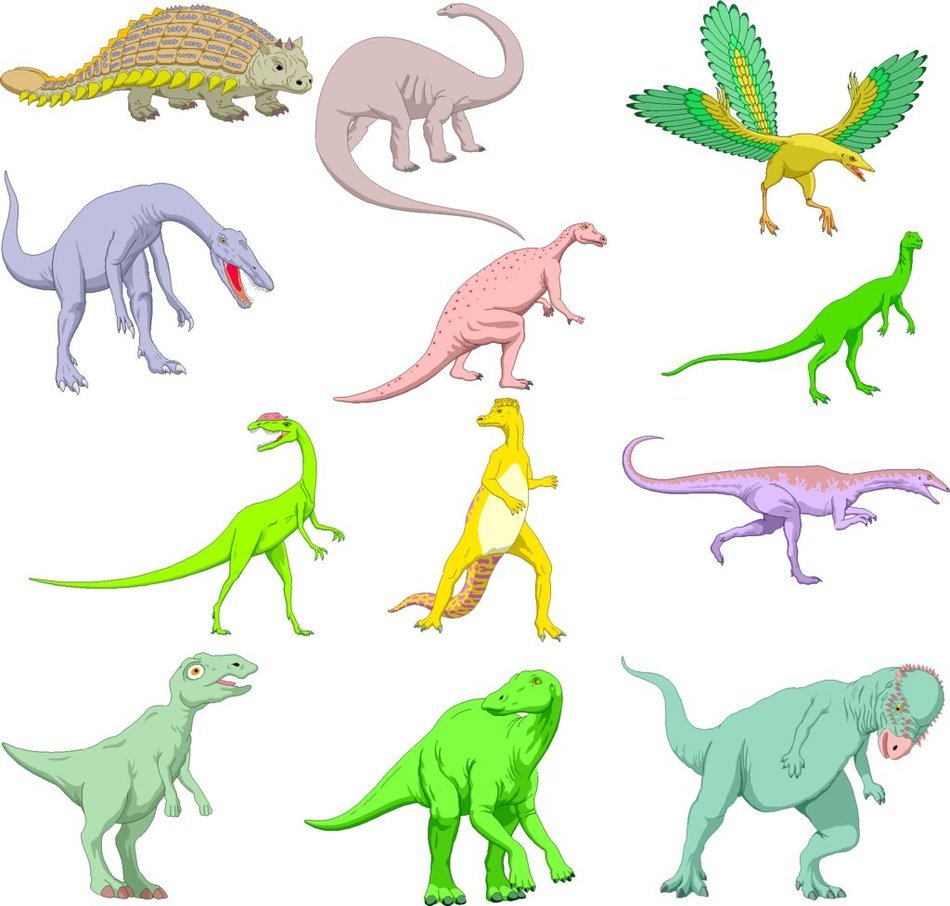 collage of multi-colored dinosaurs on a white background