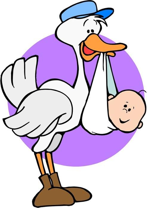cartoon stork in hat holds baby