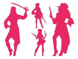 red silhouettes of pirate girls as a graphic illustration