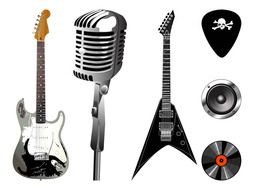 drawn rock guitars, microphone, record and speakers