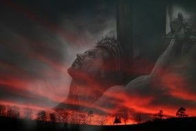 head of Jesus Christ On Cross at sunset landscape, collage