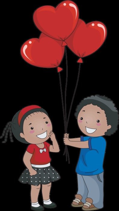 cartoon boy gives girl red balloons