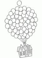 drawn house flying in balloons in a coloring book