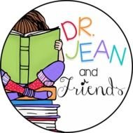 Dr Jean And Friends, emblem with kid reading on stack of books