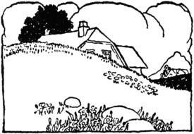 Black and white drawing of the landscape with the house clipart