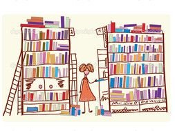 drawing of a girl near bookshelves