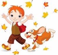 child boy walks with dog at Fall, drawing