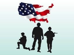 silhouettes of soldiers flying the american flag