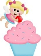 cartoon child angel with cherry at top of Birthday Cupcake