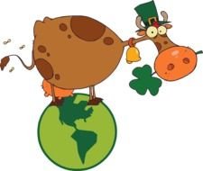 cartoon happy cow on globe at St Patrickâs Day, Clip Art