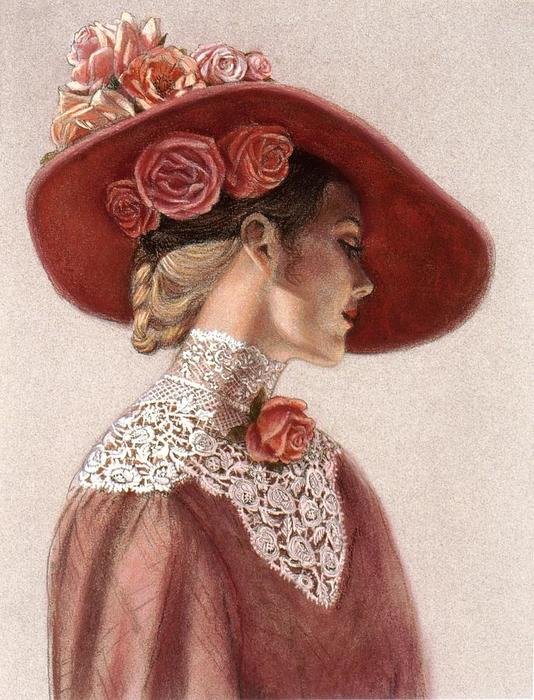 Victorian Lady in wide pink Hat, artwork
