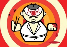 Cartoon Funny oriental man with Sushi in hand