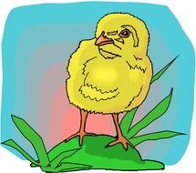 drawing of a yellow chicken on a green hill