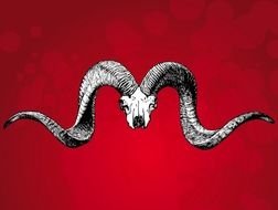 ram Skull with Big Horns at red background, digital art