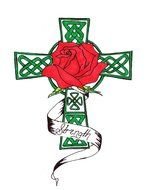 drawing of a cross with a red rose