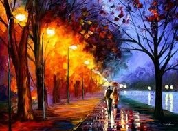 "ALLEY BY THE LAKE" romantic painting with a couple in love in the park