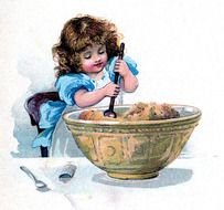 Vintage painting, child girl cooking