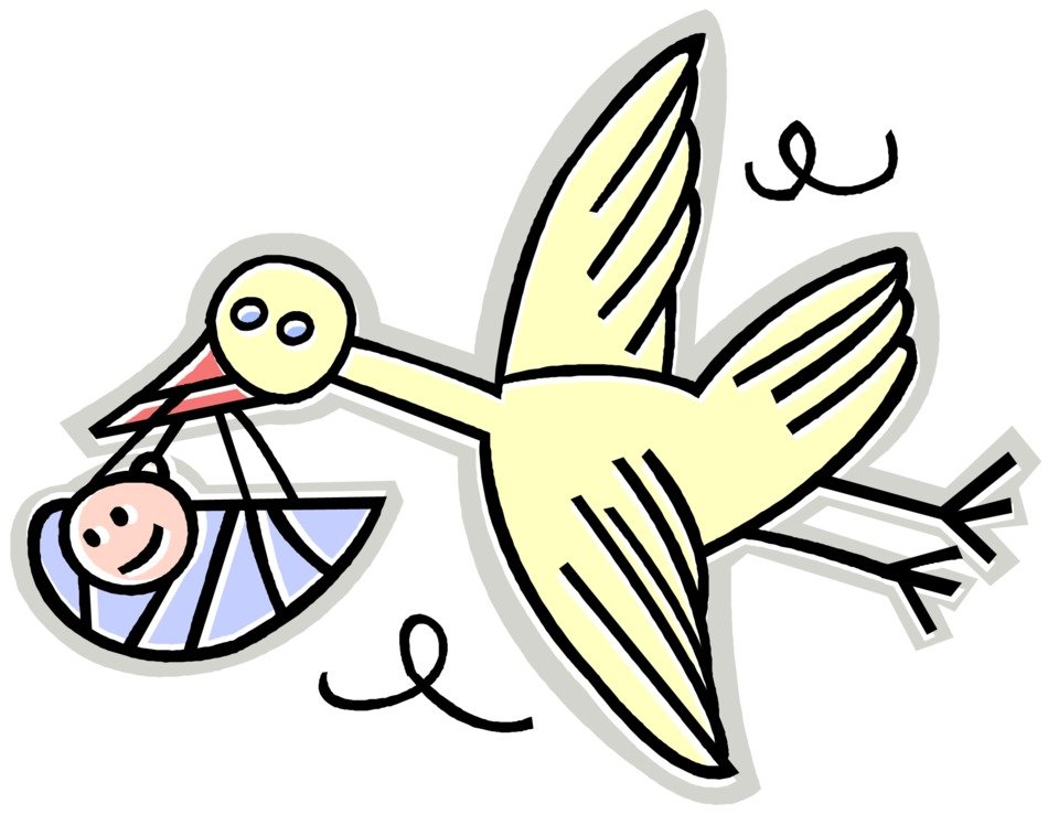 cartoon stork with baby in flight
