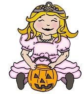 cartoon child girl sits with handbag in form of scary face pumpkin