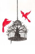 Cageand red bird drawing