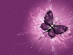 Butterfly on floral drawing, Purple background