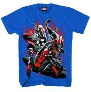blue t-shirt with drawings in front