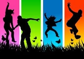 silhouettes of jumping people on the field on a colorful background