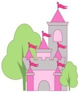 painted pink castle among green trees