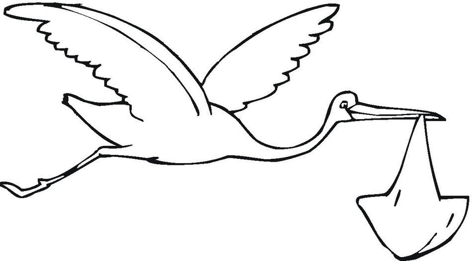 black and white picture of a stork with a baby for coloring
