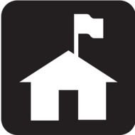 House with flag at top, black and white icon