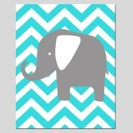 Modern 8x10 Chevron Elephant Silhouette Print Aqua Gray And White