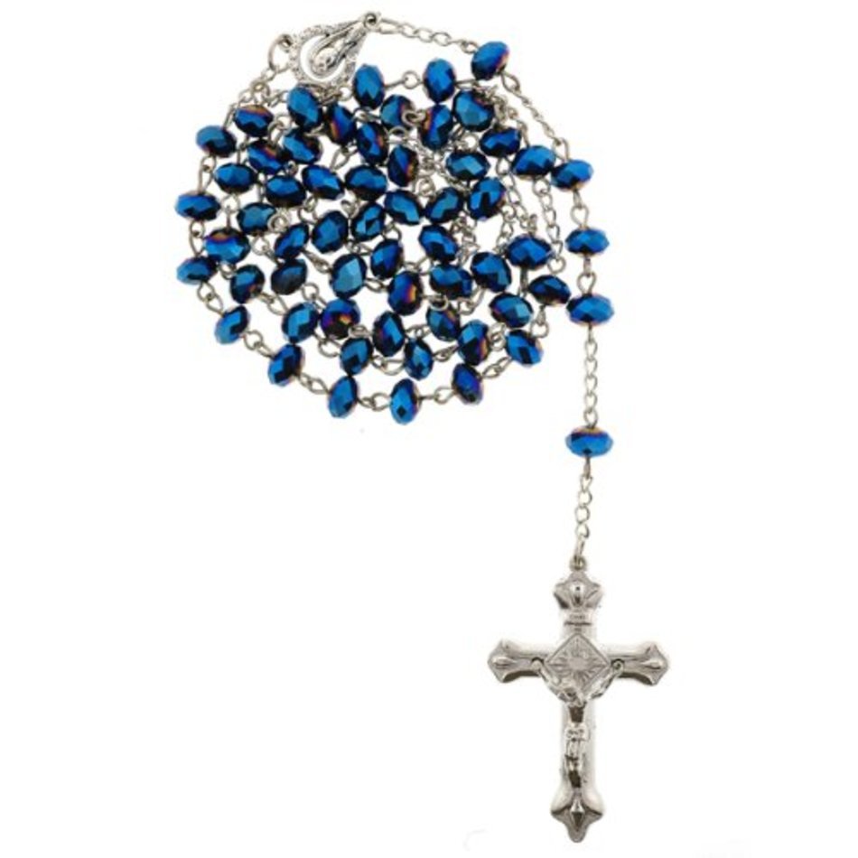 Blue Bead Rosary With Faceted Rondell Beads In 8x6mm 28 Necklace