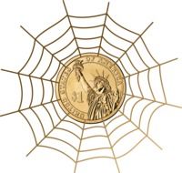 one dollar coin in cobweb