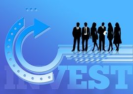 businesswomen and businessmen silhouettes above invest word