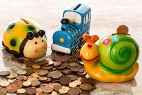 coins and colored toys