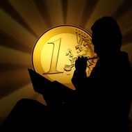 Male silhouette at the background of the euro coin