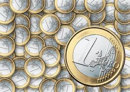image of one euro on the background of many coins