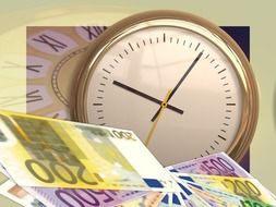 euro banknotes and clock