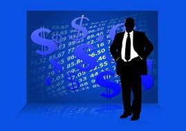 silhouette of a businessman on a blue background with a dollar sign