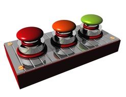 three multi-colored buttons