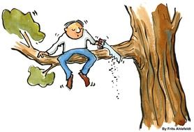 man sawing the branch he's sitting on