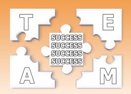 success as a puzzle folded to a word of the team on an orange background