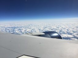 airplane wing above the clouds in flight