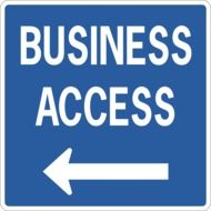 words business, access and left arrow at blue signage