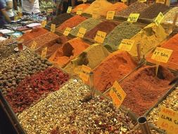 A lot of types of spices in a market